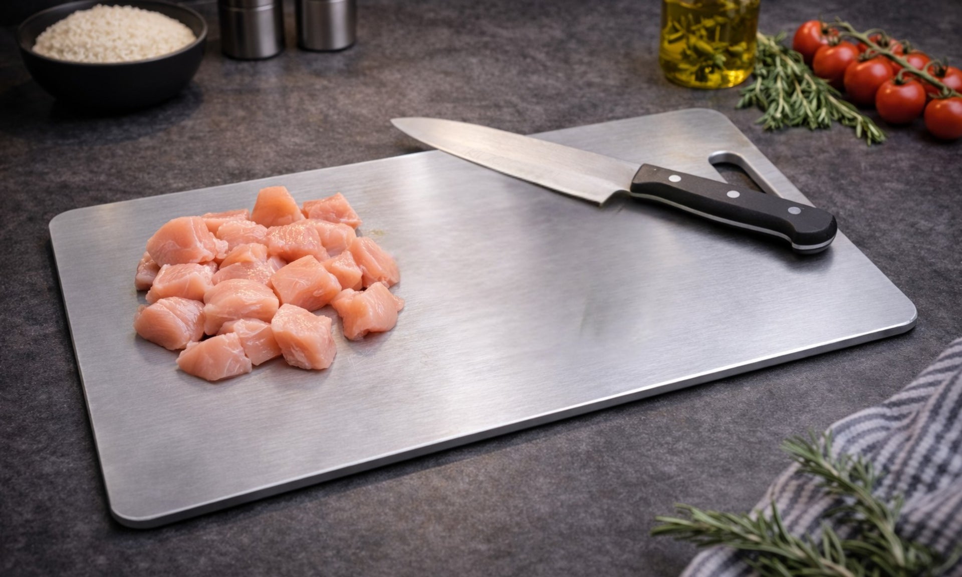 Titanium cutting board with diced chicken